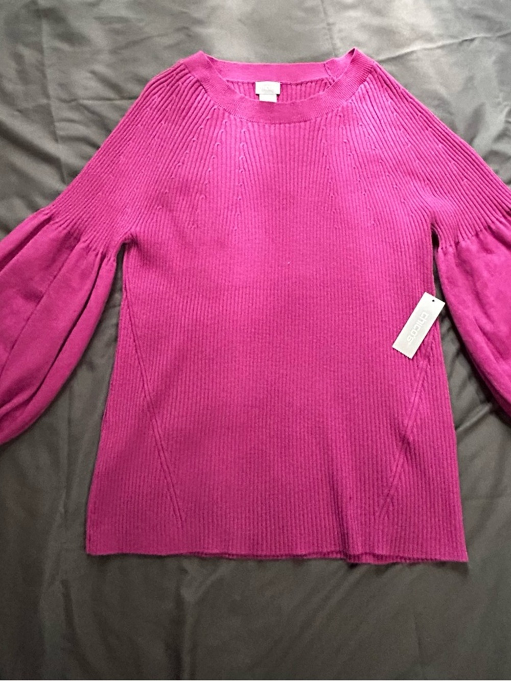 Chico's Bright Fuchsia Ribbed Crewneck Sweater with Balloon Sleeves